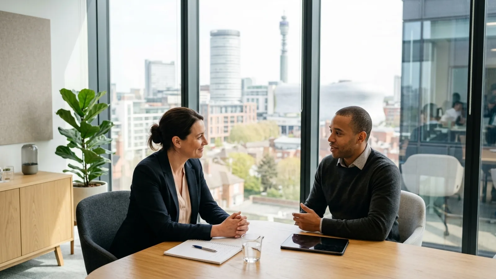 Two adults in a calm one-to-one coaching conversation in a UK home office