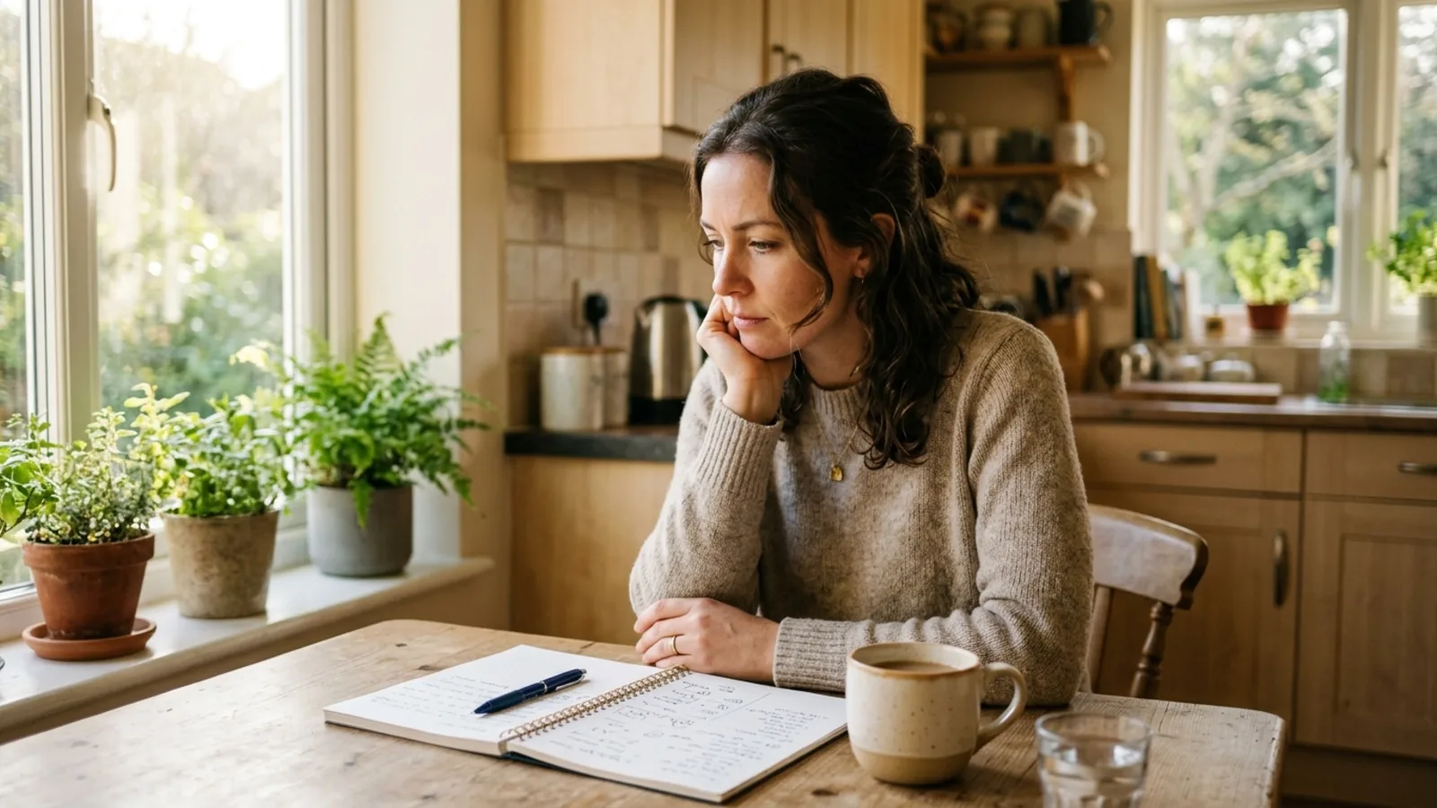 Person weighing a decision at a kitchen table with a notebook and morning light