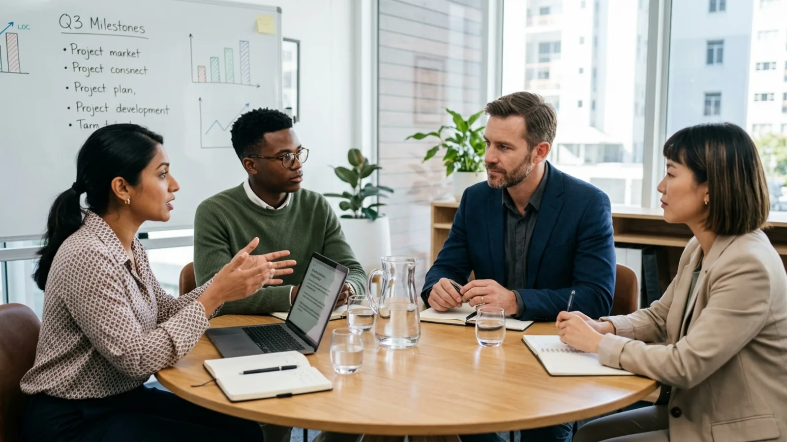 Leader listening to their team around a table in a Birmingham workplace