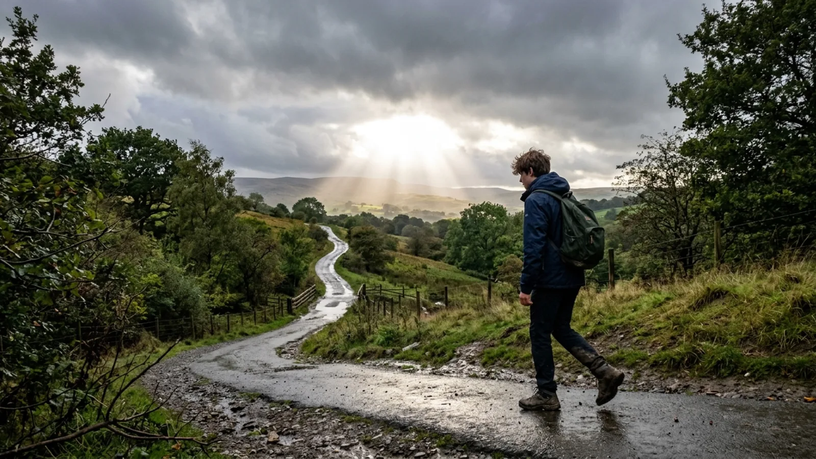 Teenager walking uphill on a park path in changeable British weather, building resilience
