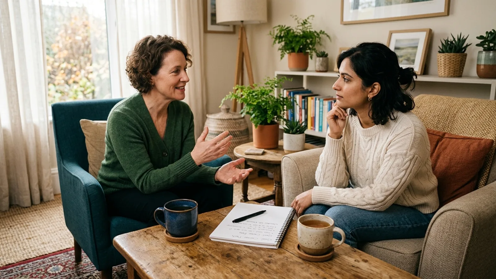 Life coach and client in conversation across a low table in a warm UK consulting room