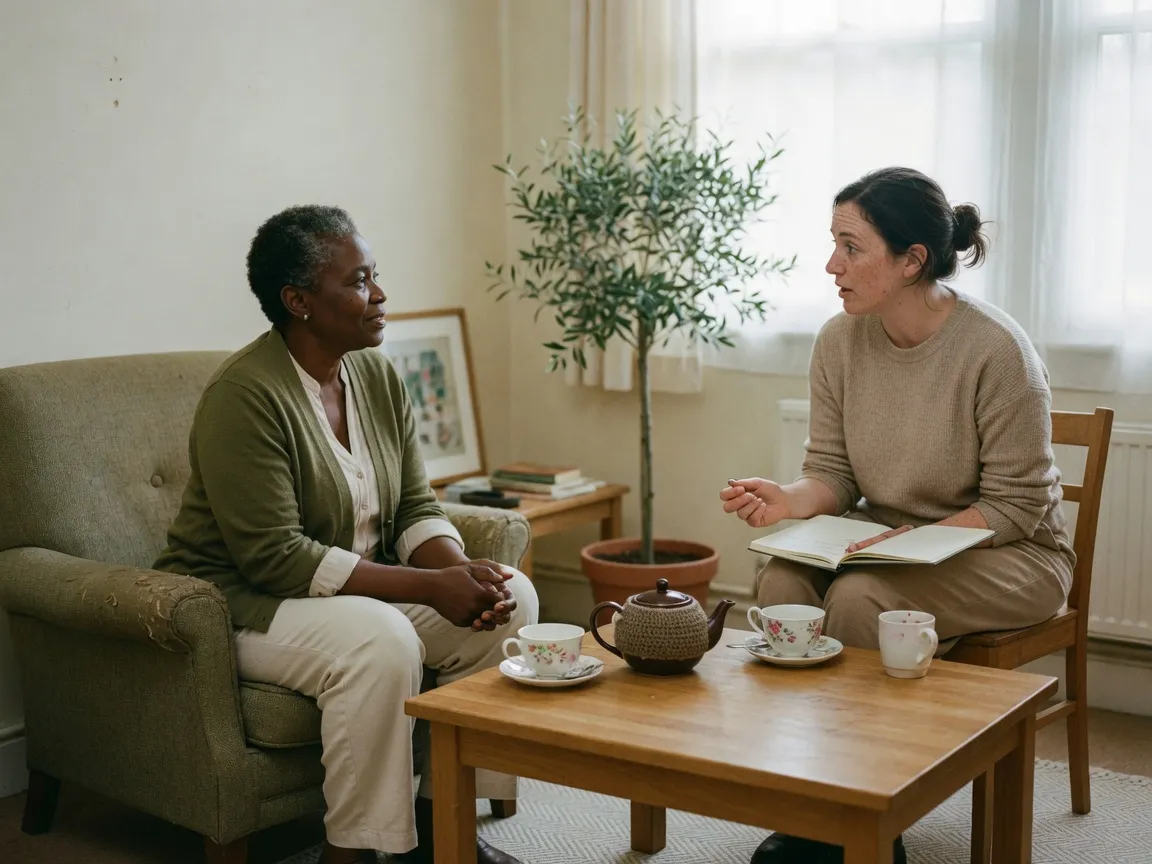 One-to-one adult life coaching session in a calm sitting room