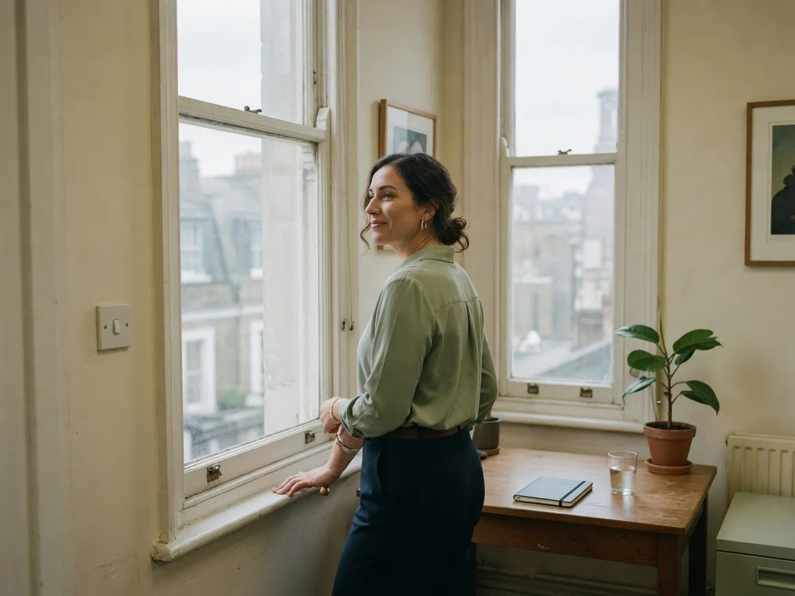 A woman standing at a window after a confidence coaching conversation