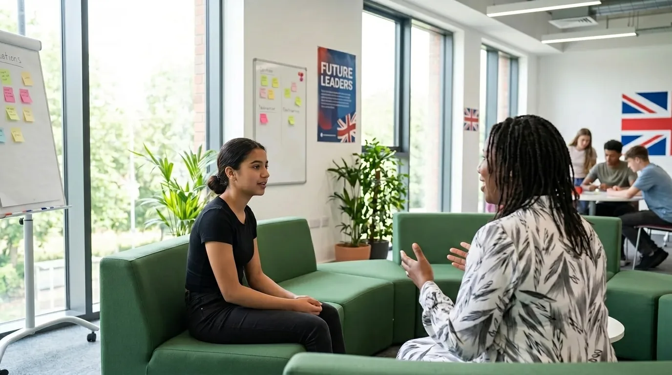 Teenager and coach in conversation in a bright community space