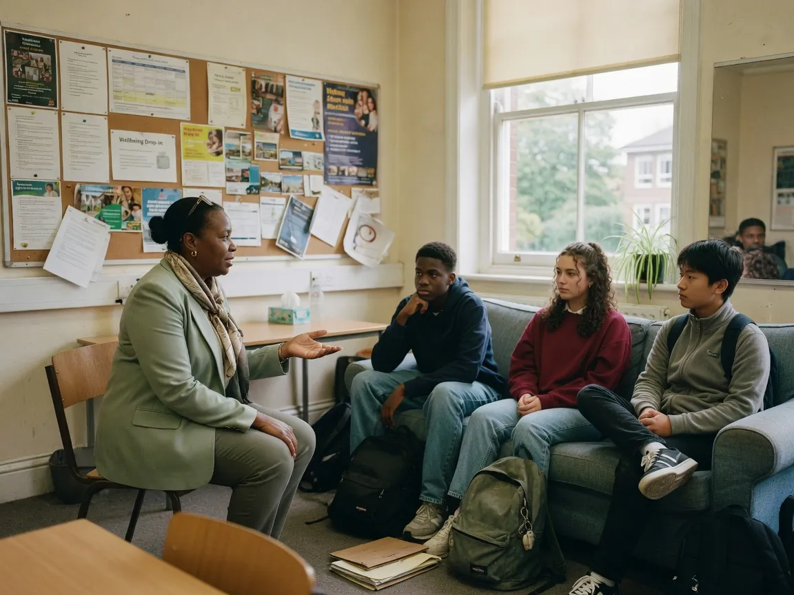 Teen coaching conversation in a school pastoral room